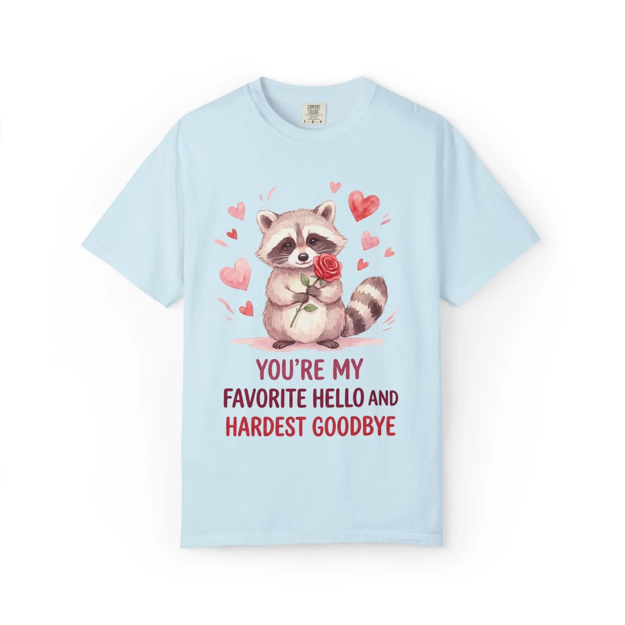 Raccoon Valentine T-Shirt | Youre My Favorite Hello Hardest Goodbye Graphic Tee Chambray