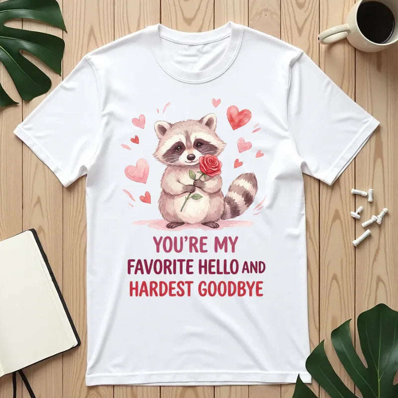 Raccoon Valentine T-Shirt | Youre My Favorite Hello Hardest Goodbye Graphic Tee White