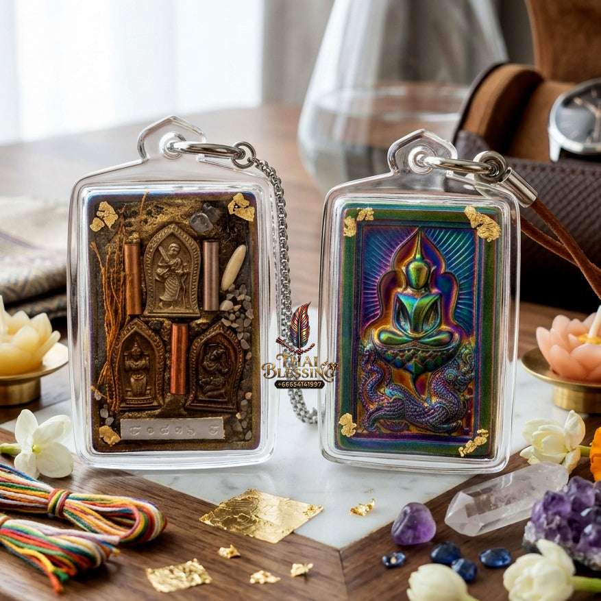 ✨ Rare Authentic Thai Amulet Somdej Waek Marn Ananta Sub 2021 – Iridescent Rainbow Surface Pendant Embedded with Phra Sivali, Mae Nang Koy, Mae Thorani, 3-Tone Takrut, Holy Hair, & Sacred Elements by Luang Phor Jai Wat Phraya Yat Thai Blessing