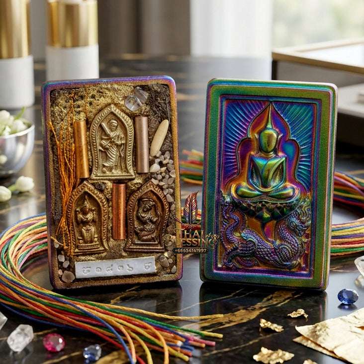 ✨ Rare Authentic Thai Amulet Somdej Waek Marn Ananta Sub 2021 – Iridescent Rainbow Surface Pendant Embedded with Phra Sivali, Mae Nang Koy, Mae Thorani, 3-Tone Takrut, Holy Hair, & Sacred Elements by Luang Phor Jai Wat Phraya Yat Thai Blessing