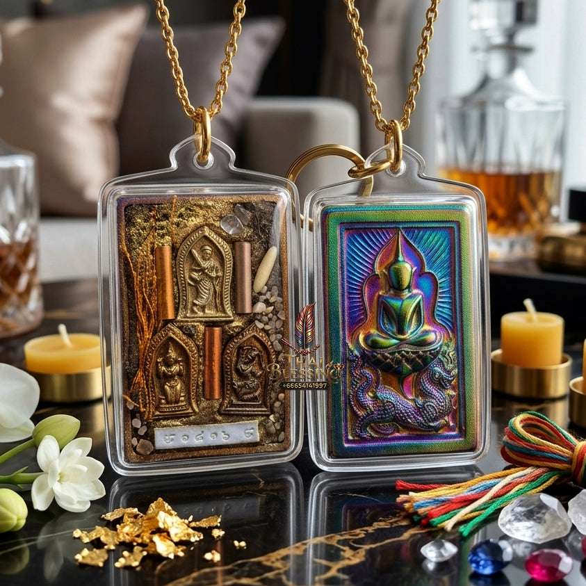 ✨ Rare Authentic Thai Amulet Somdej Waek Marn Ananta Sub 2021 – Iridescent Rainbow Surface Pendant Embedded with Phra Sivali, Mae Nang Koy, Mae Thorani, 3-Tone Takrut, Holy Hair, & Sacred Elements by Luang Phor Jai Wat Phraya Yat Thai Blessing
