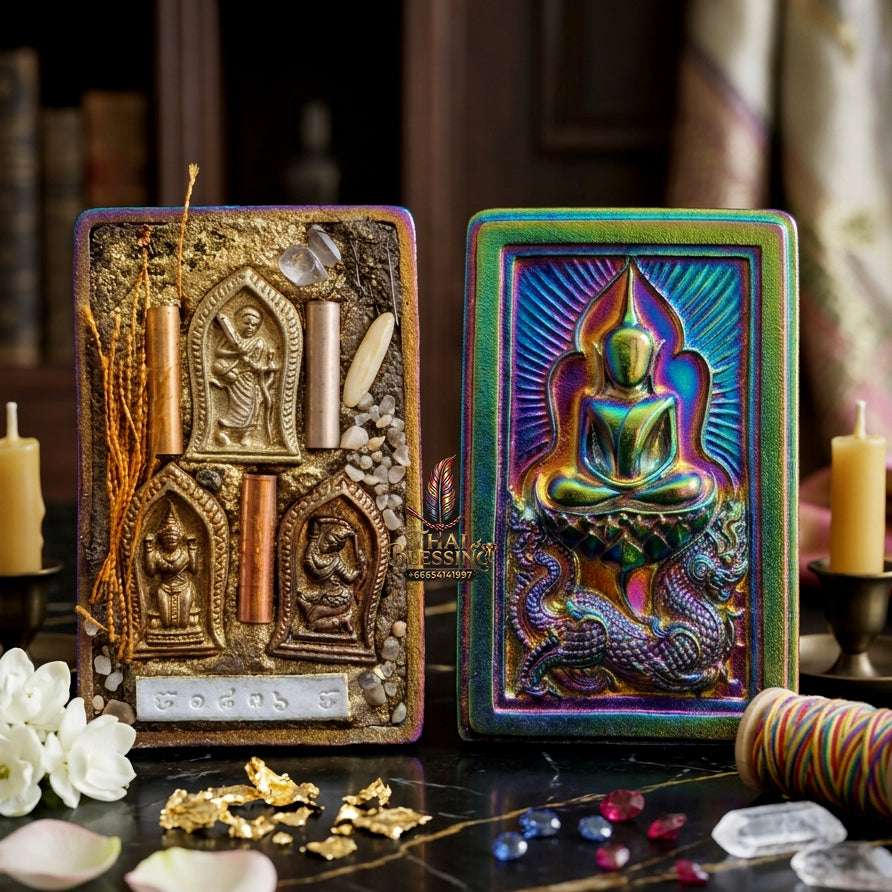 ✨ Rare Authentic Thai Amulet Somdej Waek Marn Ananta Sub 2021 – Iridescent Rainbow Surface Pendant Embedded with Phra Sivali, Mae Nang Koy, Mae Thorani, 3-Tone Takrut, Holy Hair, & Sacred Elements by Luang Phor Jai Wat Phraya Yat Thai Blessing