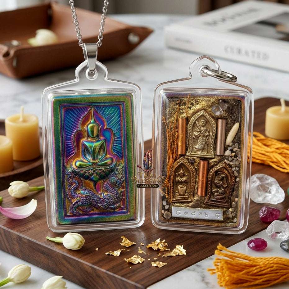 ✨ Rare Authentic Thai Amulet Somdej Waek Marn Ananta Sub 2021 – Iridescent Rainbow Surface Pendant Embedded with Phra Sivali, Mae Nang Koy, Mae Thorani, 3-Tone Takrut, Holy Hair, & Sacred Elements by Luang Phor Jai Wat Phraya Yat Thai Blessing