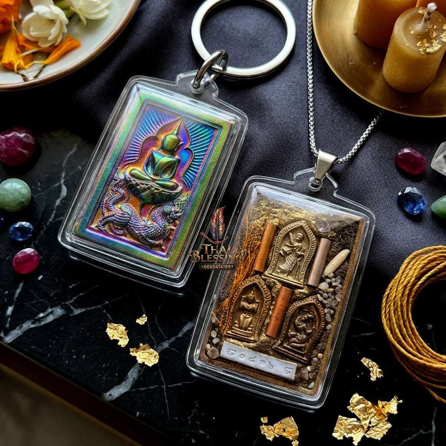 ✨ Rare Authentic Thai Amulet Somdej Waek Marn Ananta Sub 2021 – Iridescent Rainbow Surface Pendant Embedded with Phra Sivali, Mae Nang Koy, Mae Thorani, 3-Tone Takrut, Holy Hair, & Sacred Elements by Luang Phor Jai Wat Phraya Yat Thai Blessing
