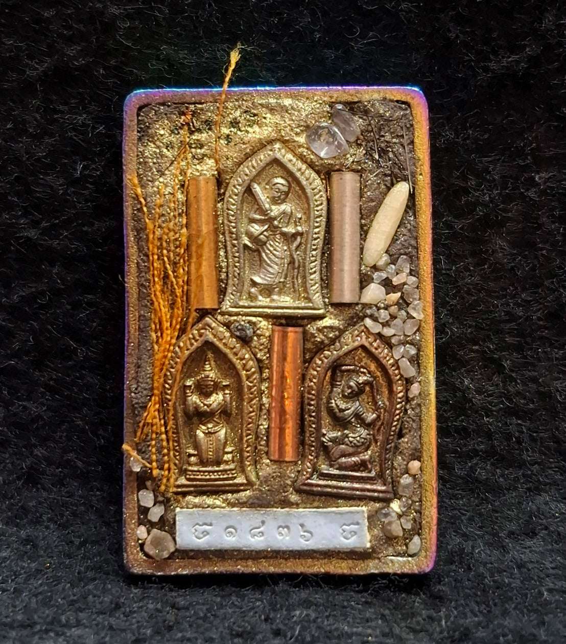 ✨ Rare Authentic Thai Amulet Somdej Waek Marn Ananta Sub 2021 – Iridescent Rainbow Surface Pendant Embedded with Phra Sivali, Mae Nang Koy, Mae Thorani, 3-Tone Takrut, Holy Hair, & Sacred Elements by Luang Phor Jai Wat Phraya Yat Thai Blessing