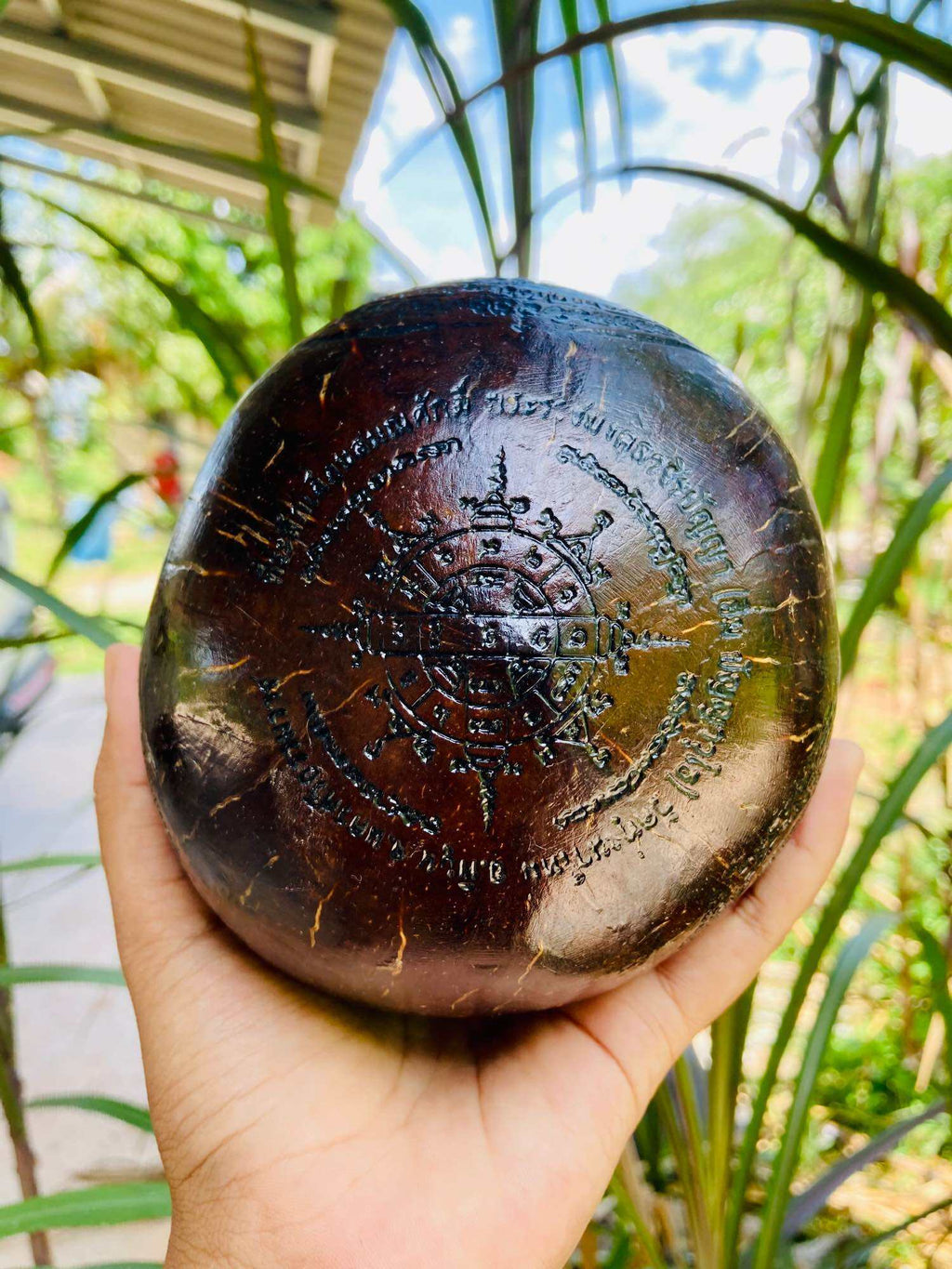 Rare Thai Carved Talisman - One-Eyed Coconut Blessing Inscription