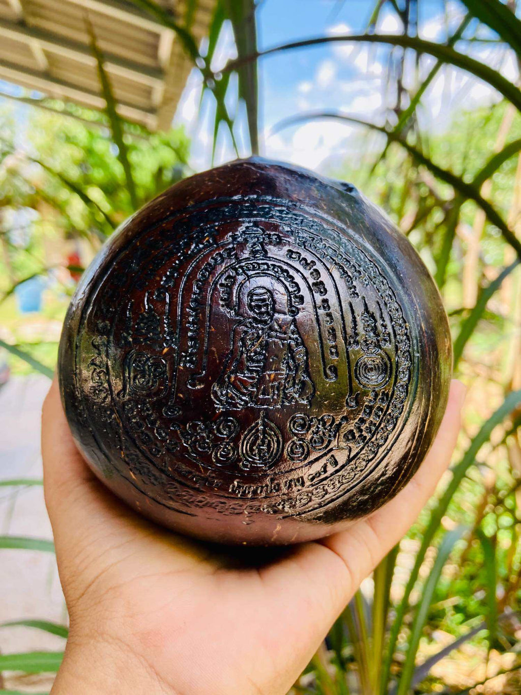 Rare Thai Carved Talisman - One-Eyed Coconut Blessing Inscription