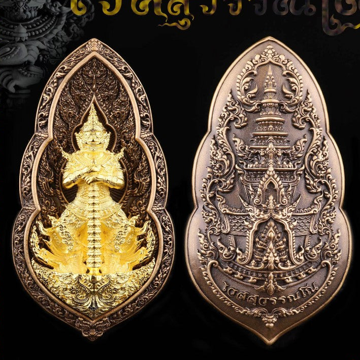Rare Vessavana amulet Thailand featuring intricate designs and gold accents for spiritual protection