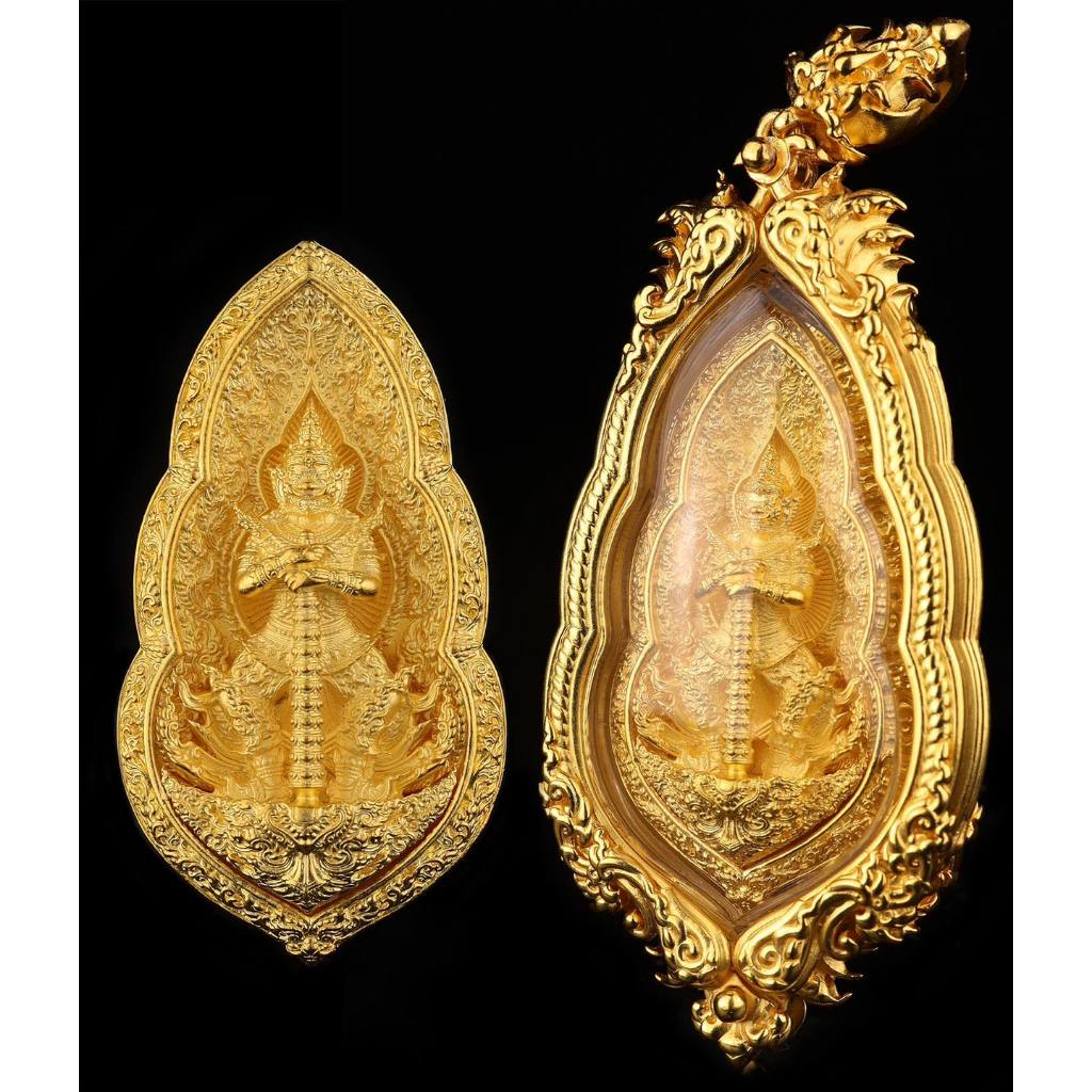 Rare Vessavana amulet Thailand in intricate golden casing, symbolizing protection and prosperity