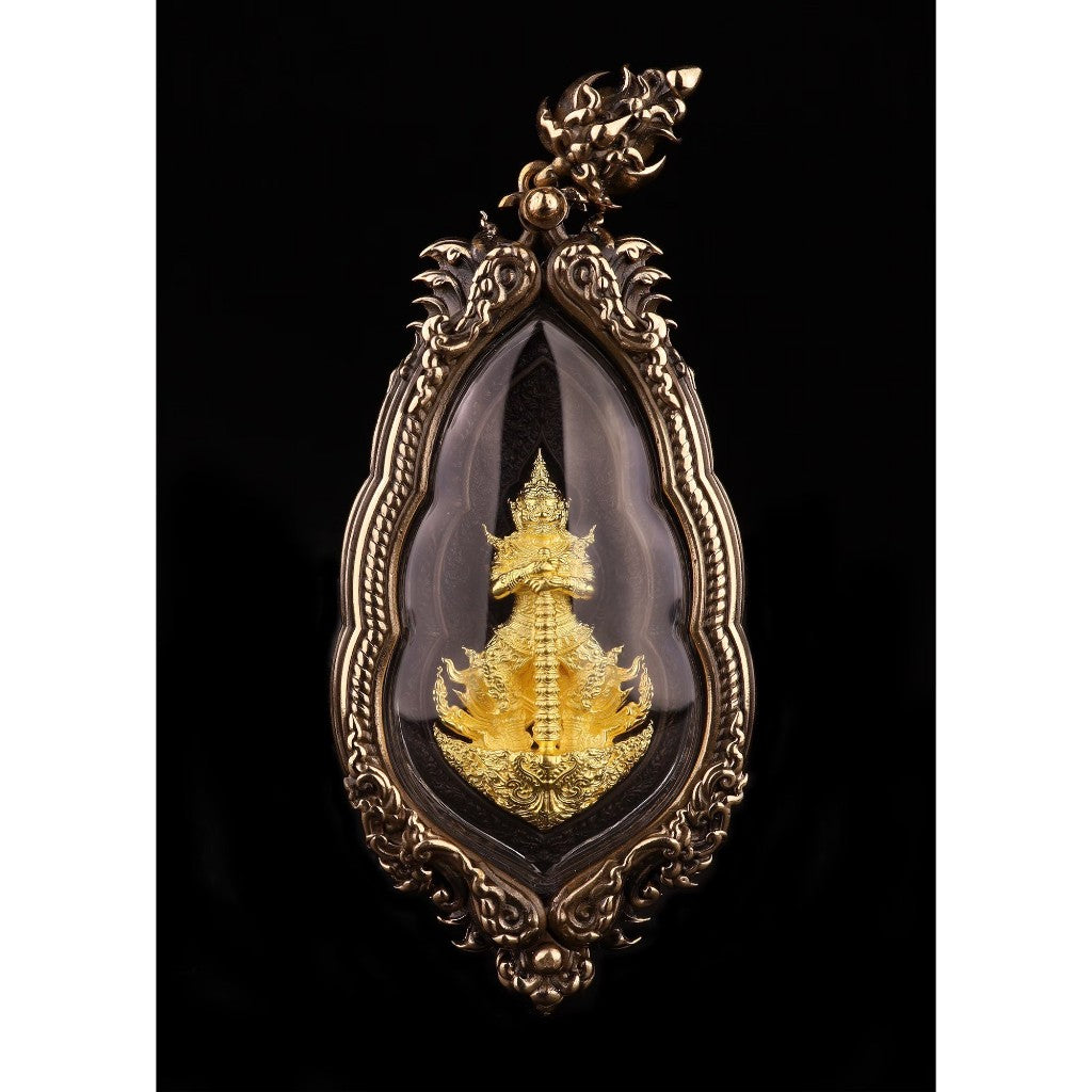 Rare Vessavana amulet Thailand in ornate frame with detailed gold design for spiritual protection