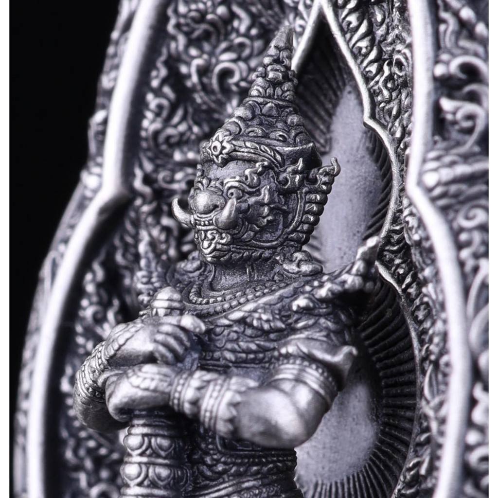 Rare Vessavana amulet Thailand with intricate silver craftsmanship showcasing the mythical figure