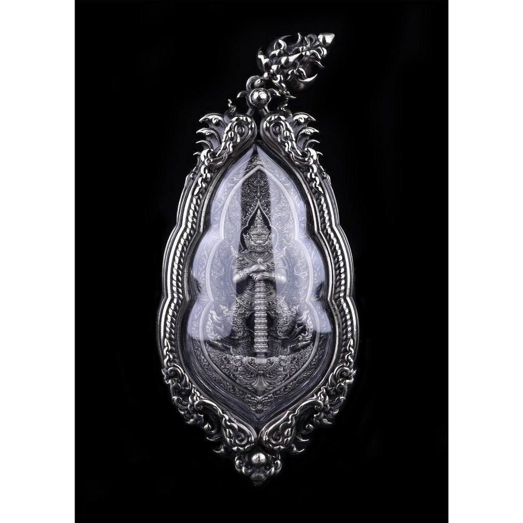 Rare Vessavana amulet Thailand in ornate silver casing showcasing intricate detailing