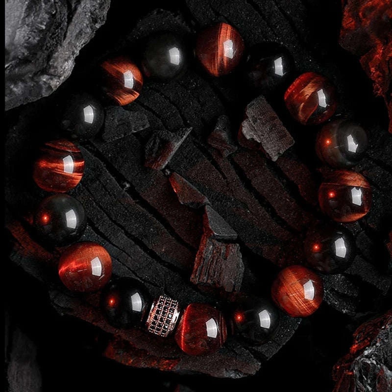 ✨ Real Natural Red Tiger Eye Stone Bead Bracelet – Handmade Zircon Accent Jewelry for Men & Women, Perfect Gift for Girlfriend – Wholesale Quality