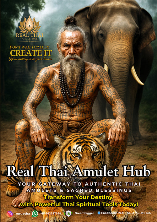 Ad for authentic Thai python skin talisman featuring a tattooed monk seated with tiger and elephant