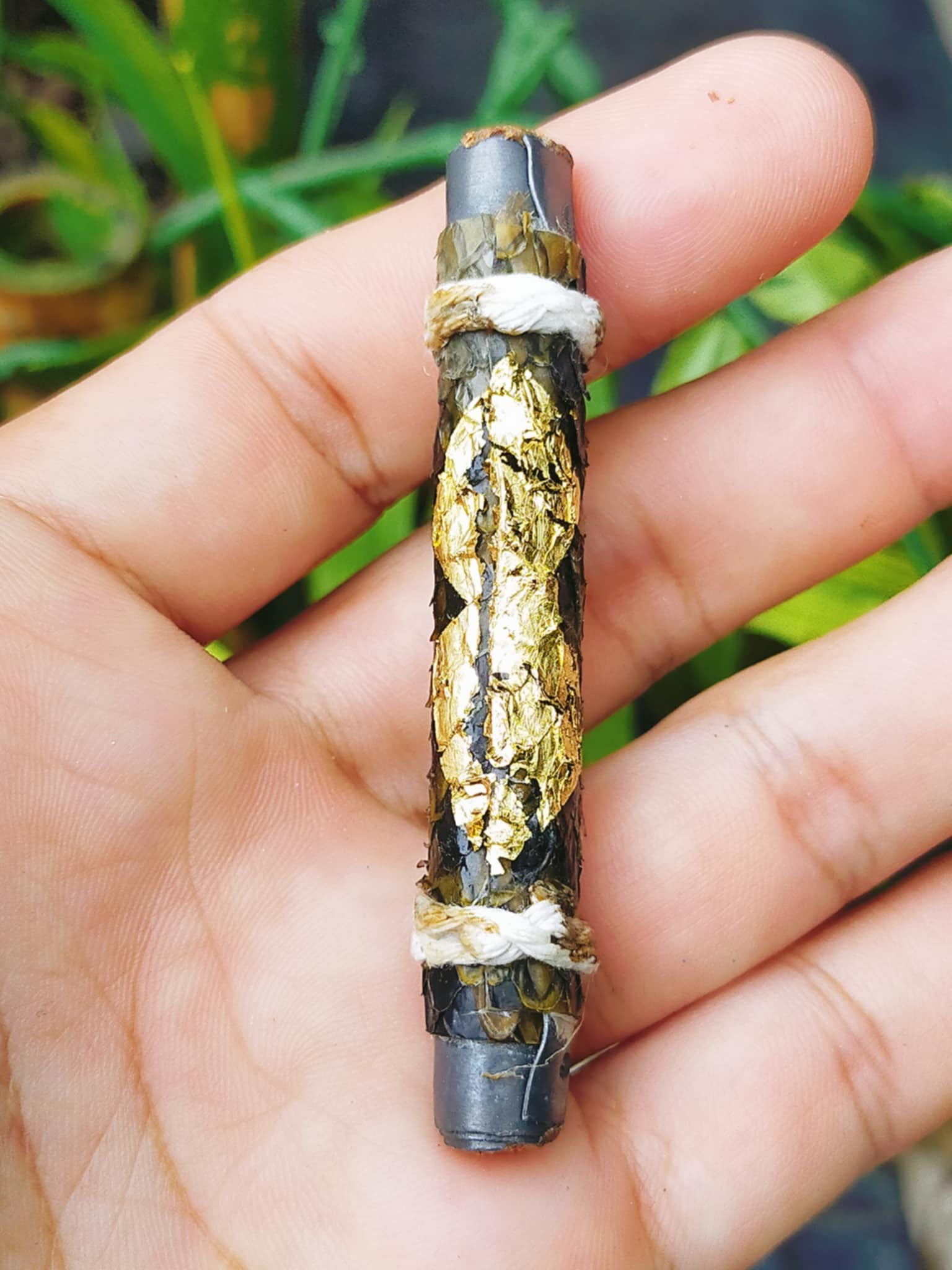 Hand holding authentic Thai python skin talisman cylindrical amulet wrapped in gold leaf and sacred twine