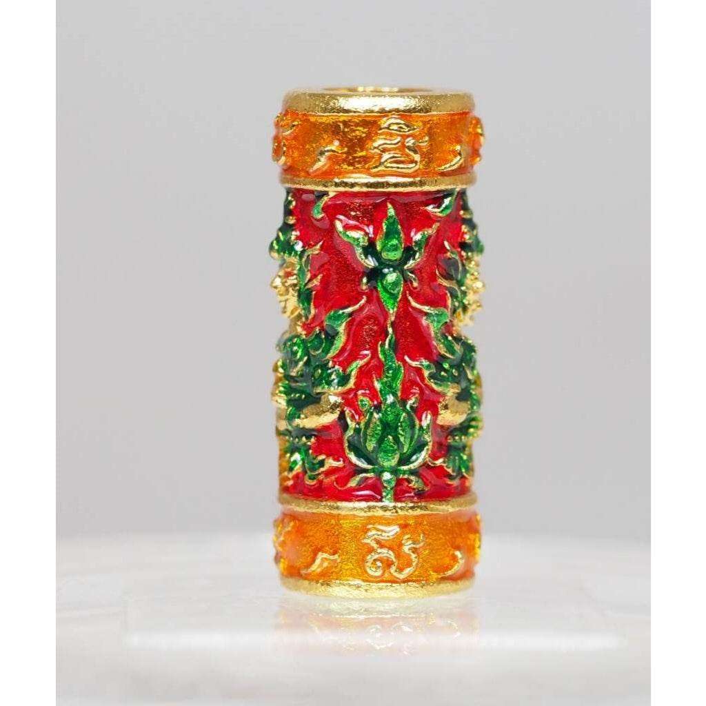 Red Enamel Gold Plated Takrud Amulet for Protection and Prosperity - Blessed Twin Faced Setthi Bucha