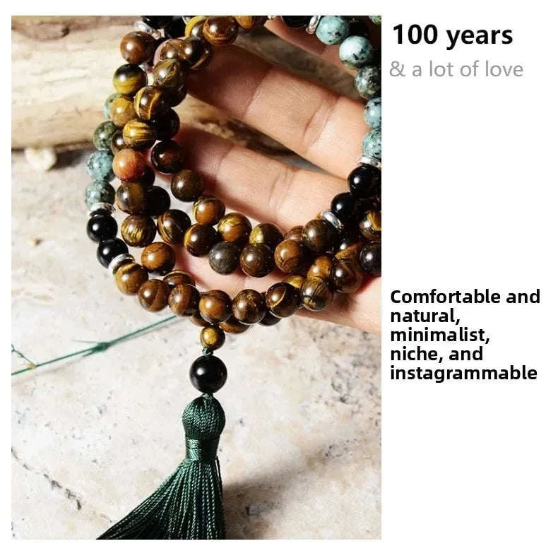 🐯 Retro Ethnic Tiger Eye & Turquoise 108 Bead Necklace: Healing Protection Mala with Lobster Clasp – Boho Statement Jewelry for Men & Women