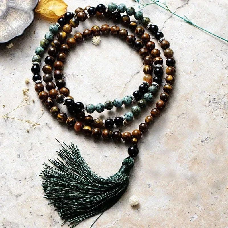 🐯 Retro Ethnic Tiger Eye & Turquoise 108 Bead Necklace: Healing Protection Mala with Lobster Clasp – Boho Statement Jewelry for Men & Women Tiger Eye 108 necklace