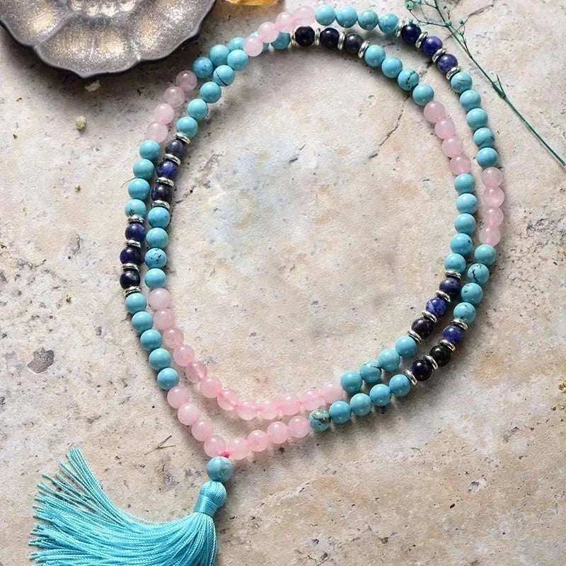 🐯 Retro Ethnic Tiger Eye & Turquoise 108 Bead Necklace: Healing Protection Mala with Lobster Clasp – Boho Statement Jewelry for Men & Women Turquoise 108 necklace