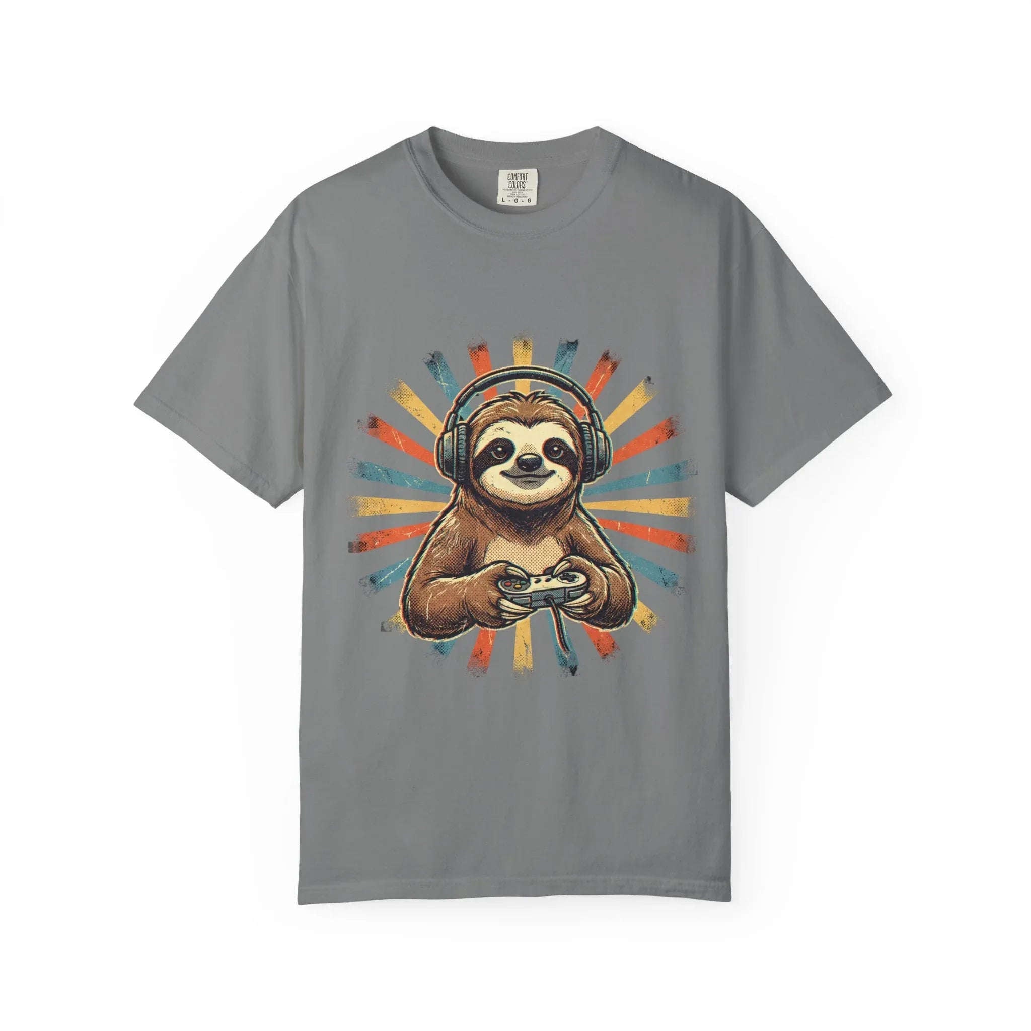 Retro Gaming Sloth Shirt, Sloth Headphones Controller Tee, Cute Gamer T-Shirt, Vintage Style Gaming Graphic, Game Night Gift Grey