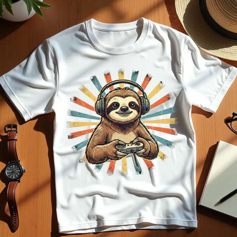 Retro Gaming Sloth Shirt, Sloth Headphones Controller Tee, Cute Gamer T-Shirt, Vintage Style Gaming Graphic, Game Night Gift White