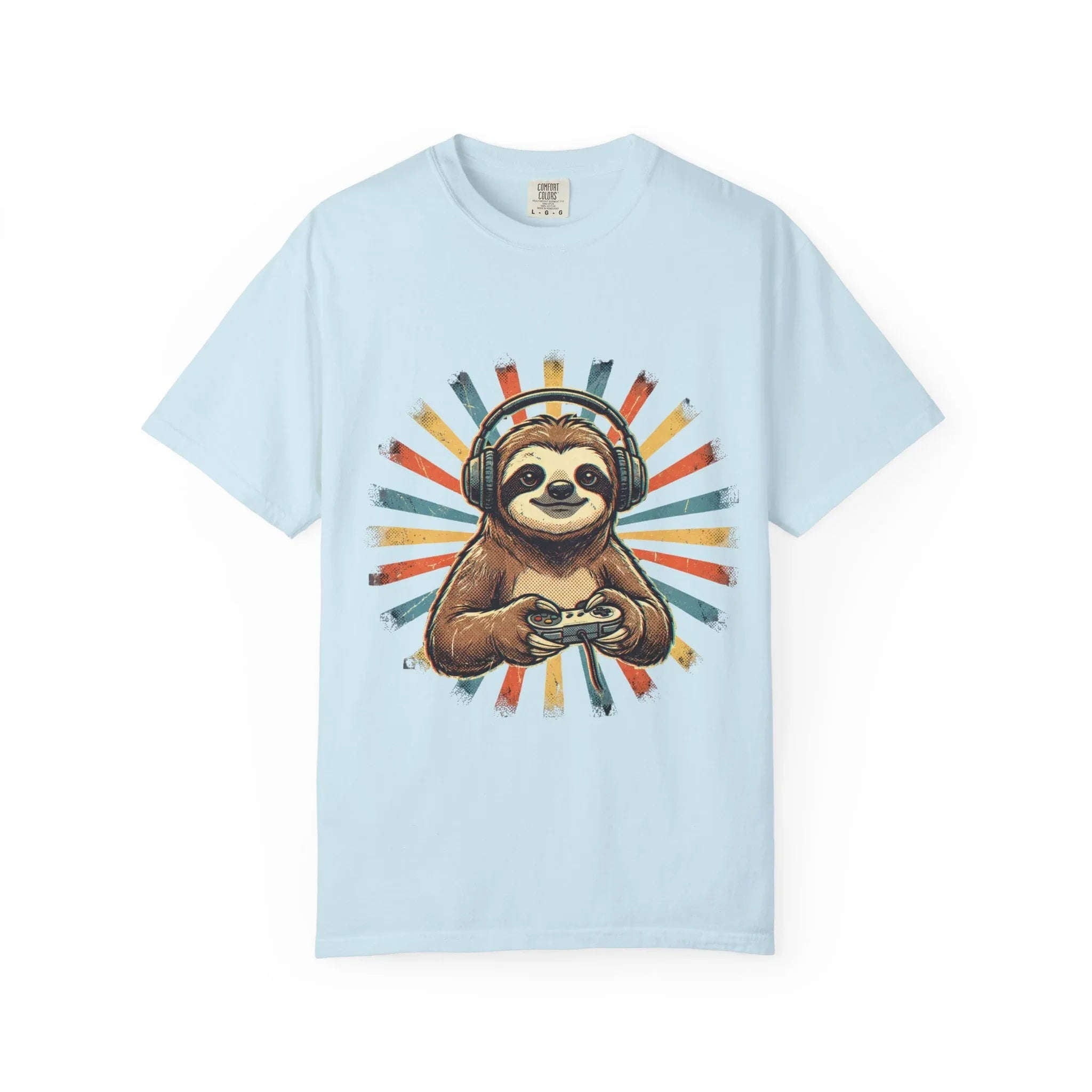 Retro Gaming Sloth Shirt, Sloth Headphones Controller Tee, Cute Gamer T-Shirt, Vintage Style Gaming Graphic, Game Night Gift Chambray