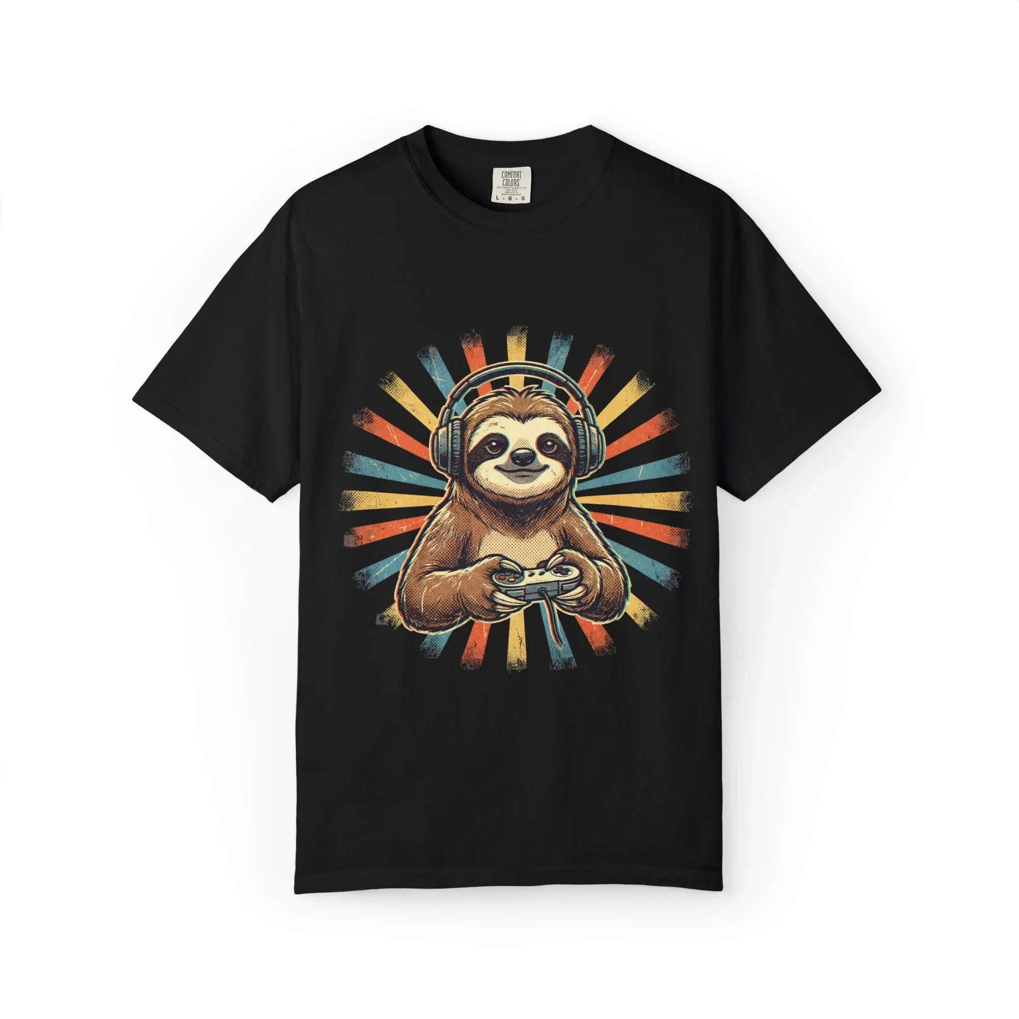 Retro Gaming Sloth Shirt, Sloth Headphones Controller Tee, Cute Gamer T-Shirt, Vintage Style Gaming Graphic, Game Night Gift Black