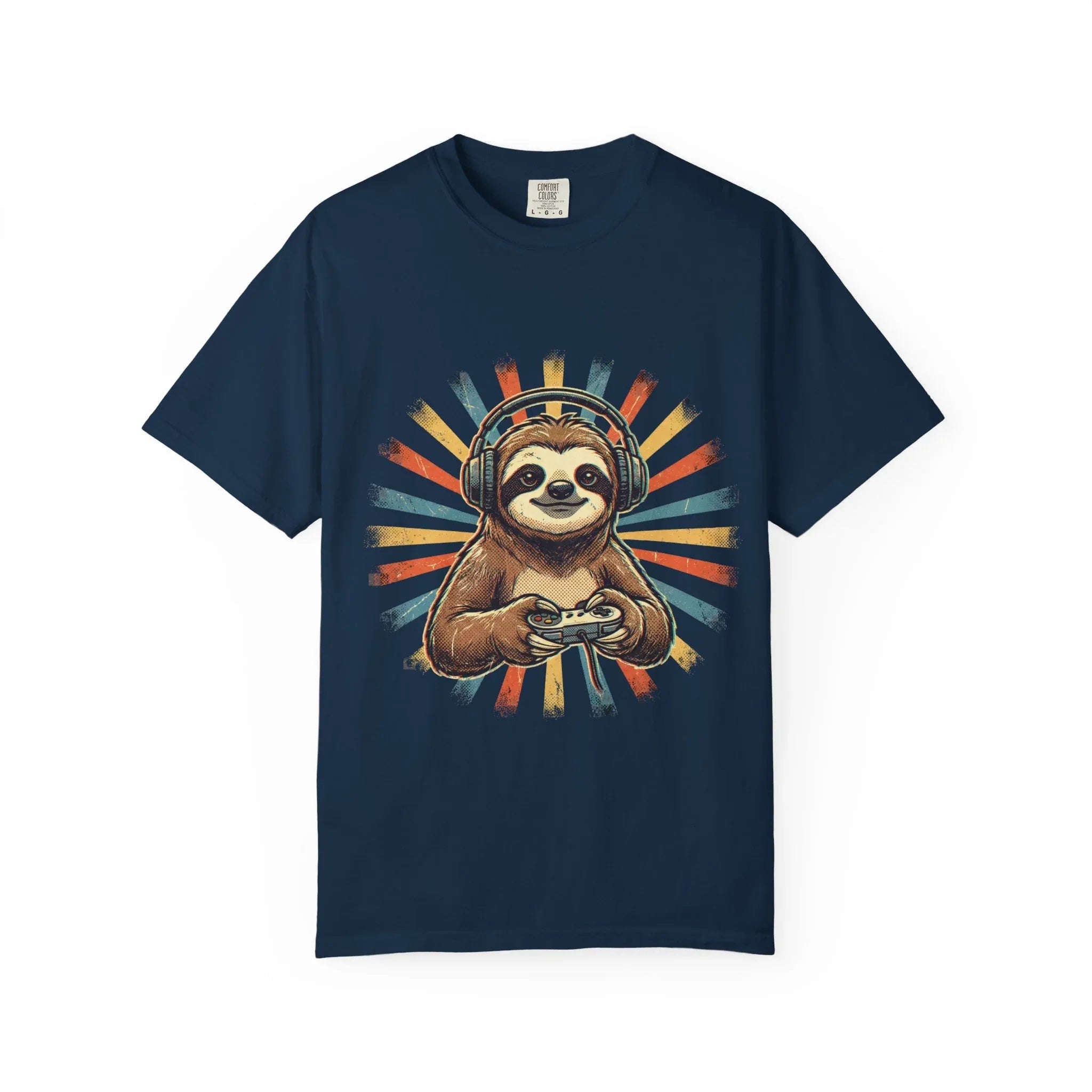 Retro Gaming Sloth Shirt, Sloth Headphones Controller Tee, Cute Gamer T-Shirt, Vintage Style Gaming Graphic, Game Night Gift True Navy