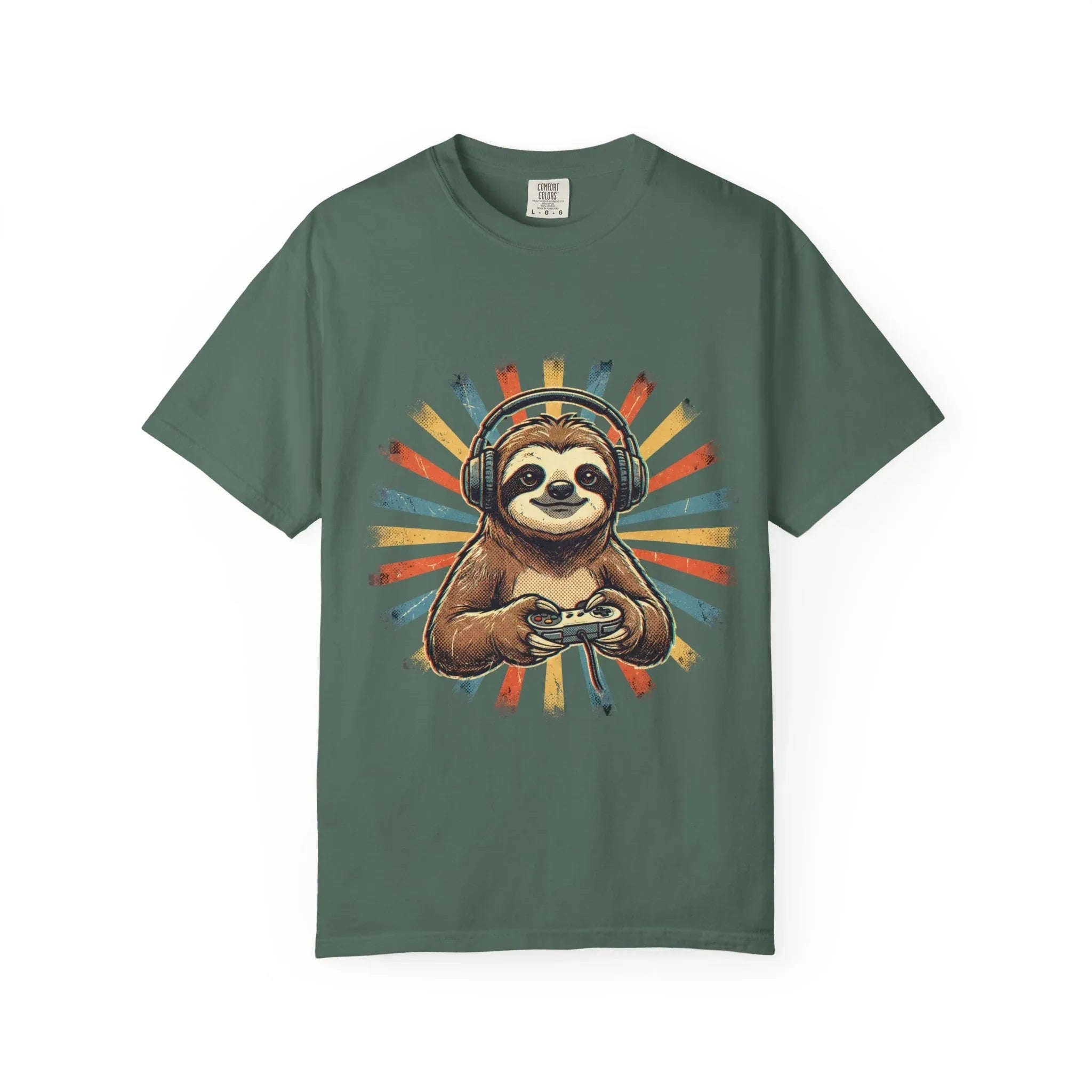 Retro Gaming Sloth Shirt, Sloth Headphones Controller Tee, Cute Gamer T-Shirt, Vintage Style Gaming Graphic, Game Night Gift Blue Spruce