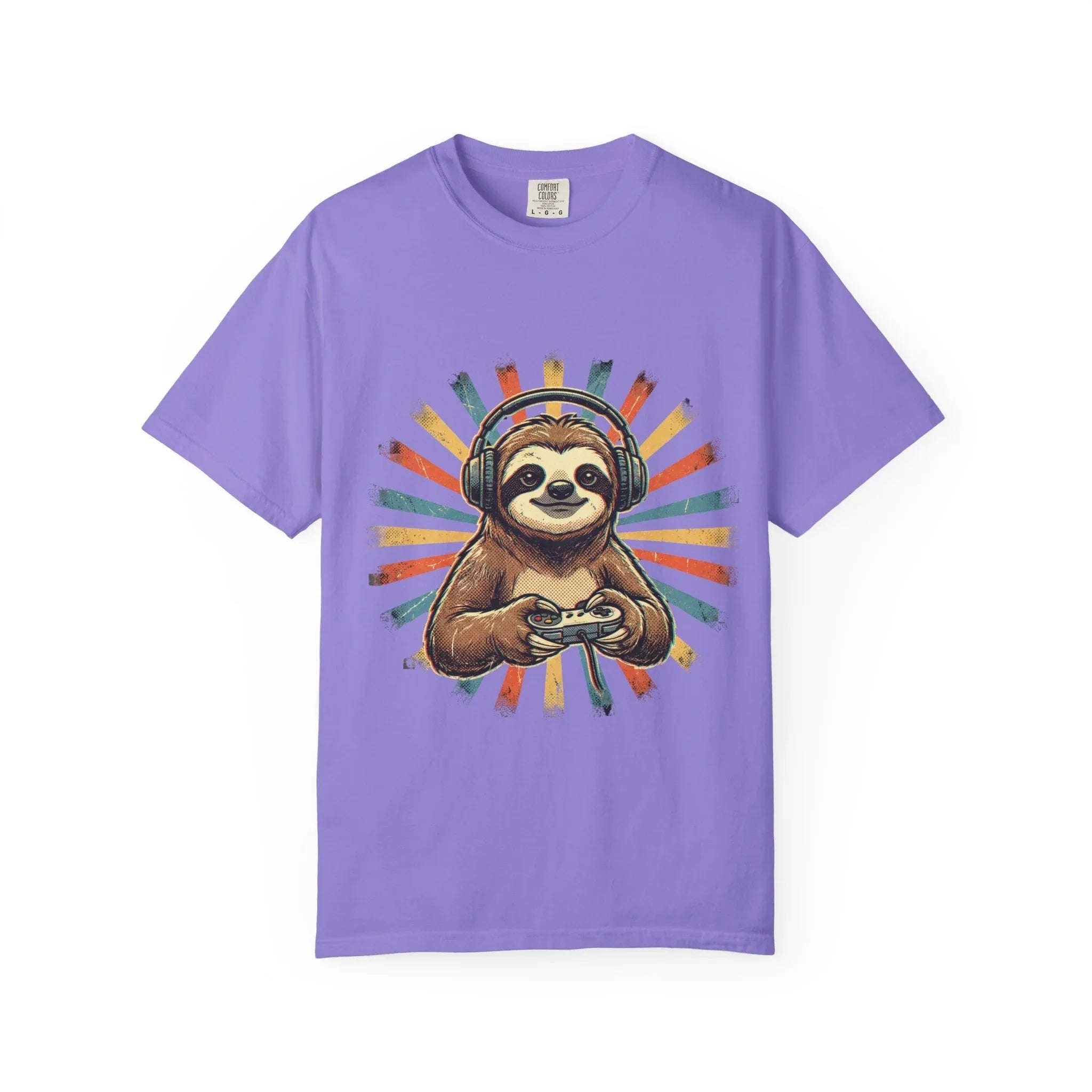Retro Gaming Sloth Shirt, Sloth Headphones Controller Tee, Cute Gamer T-Shirt, Vintage Style Gaming Graphic, Game Night Gift Violet