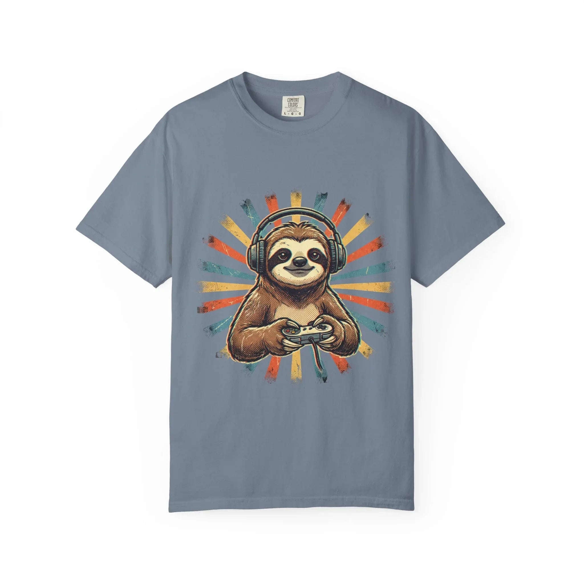 Retro Gaming Sloth Shirt, Sloth Headphones Controller Tee, Cute Gamer T-Shirt, Vintage Style Gaming Graphic, Game Night Gift Blue Jean