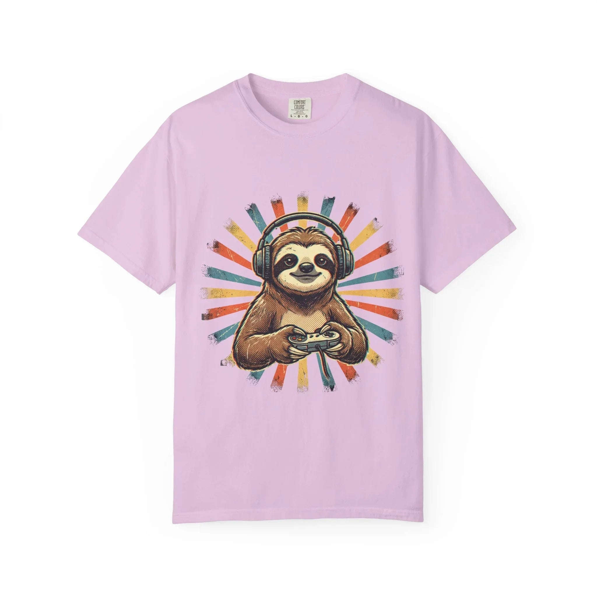 Retro Gaming Sloth Shirt, Sloth Headphones Controller Tee, Cute Gamer T-Shirt, Vintage Style Gaming Graphic, Game Night Gift Orchid