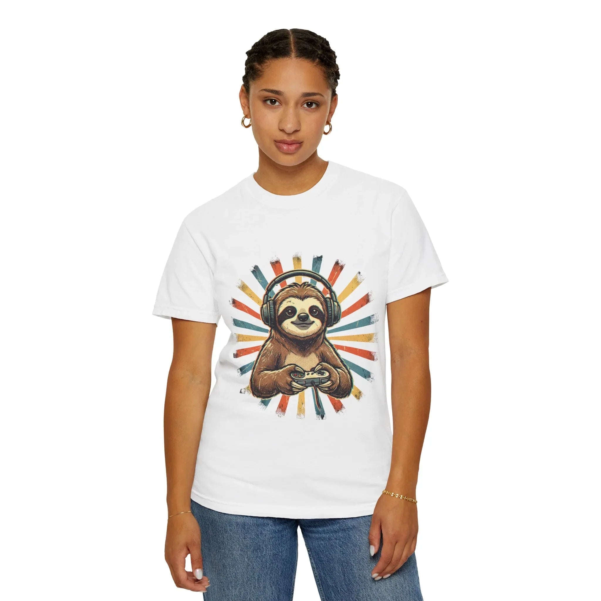 Retro Gaming Sloth Shirt, Sloth Headphones Controller Tee, Cute Gamer T-Shirt, Vintage Style Gaming Graphic, Game Night Gift