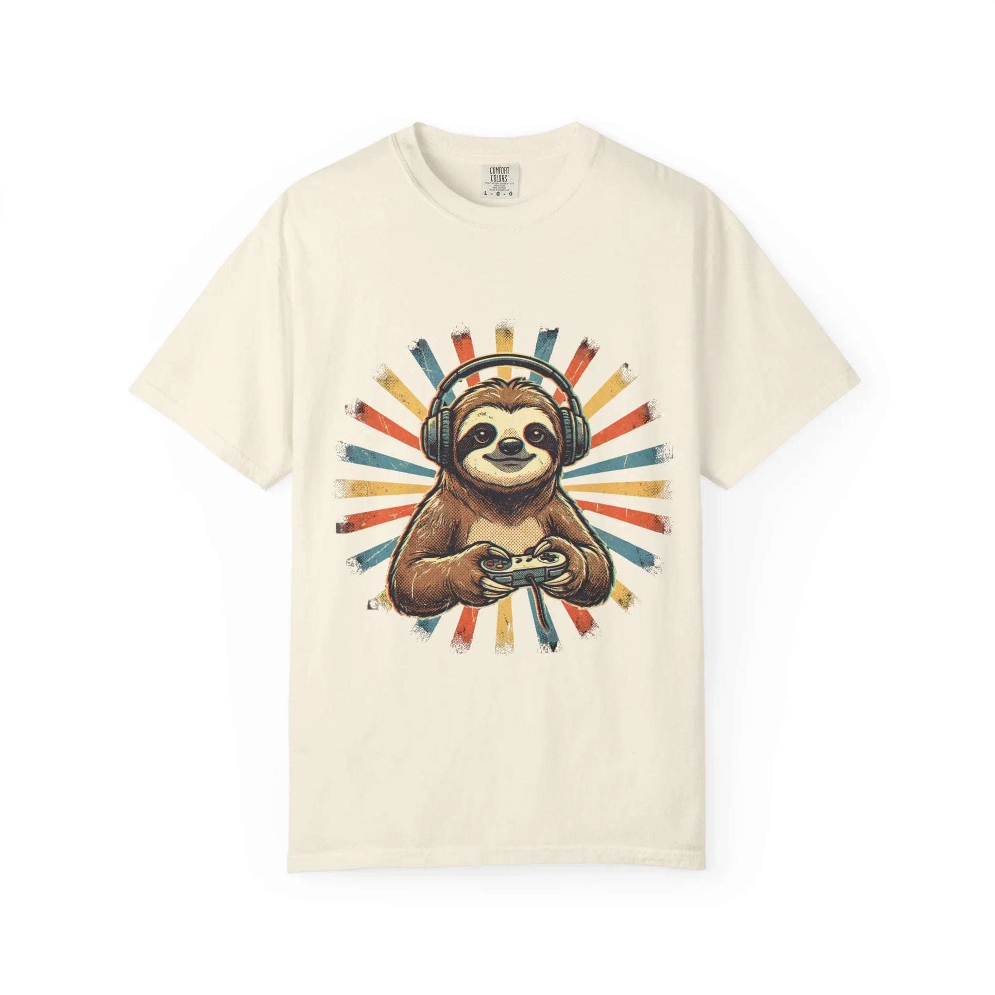 Retro Gaming Sloth Shirt, Sloth Headphones Controller Tee, Cute Gamer T-Shirt, Vintage Style Gaming Graphic, Game Night Gift Ivory