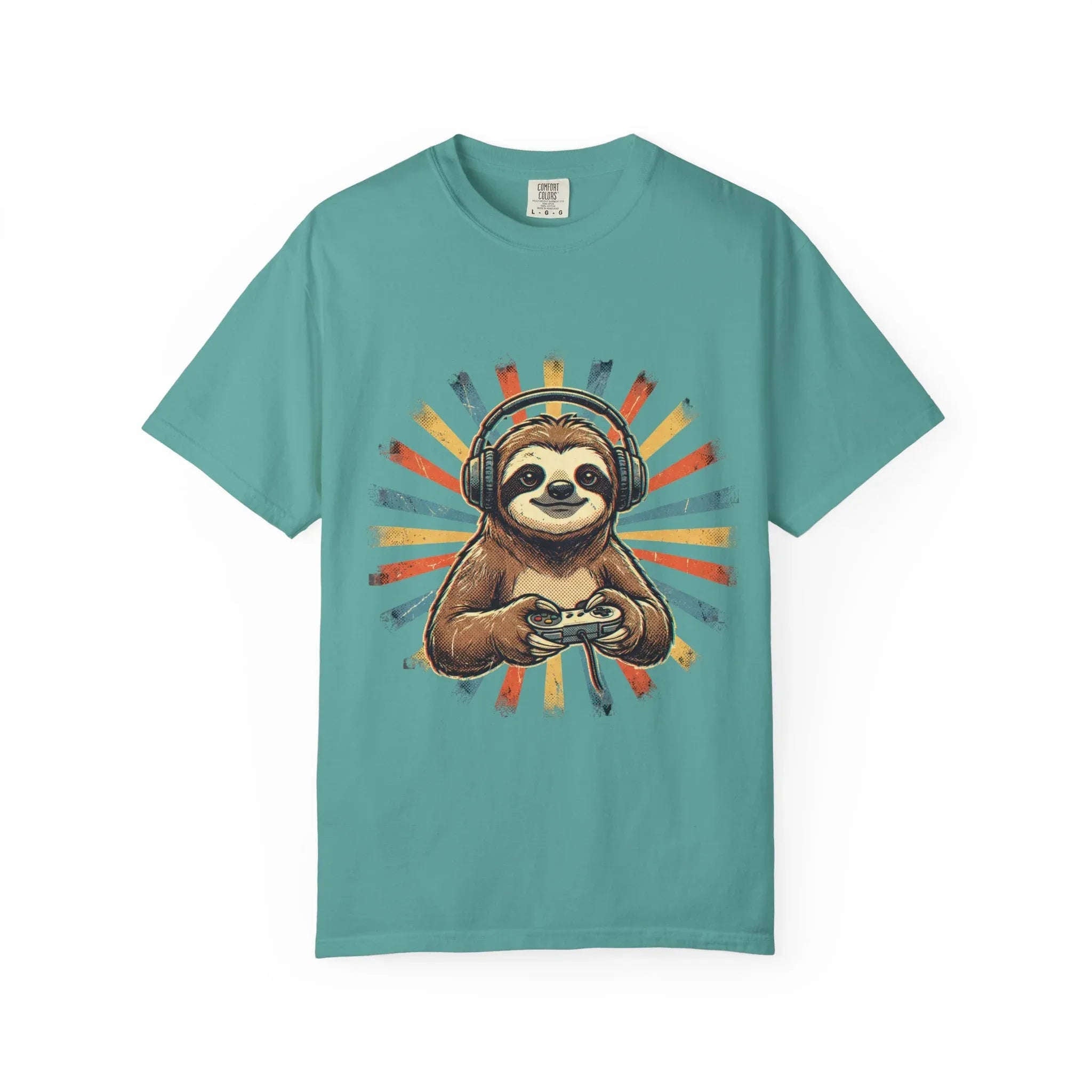 Retro Gaming Sloth Shirt, Sloth Headphones Controller Tee, Cute Gamer T-Shirt, Vintage Style Gaming Graphic, Game Night Gift Seafoam