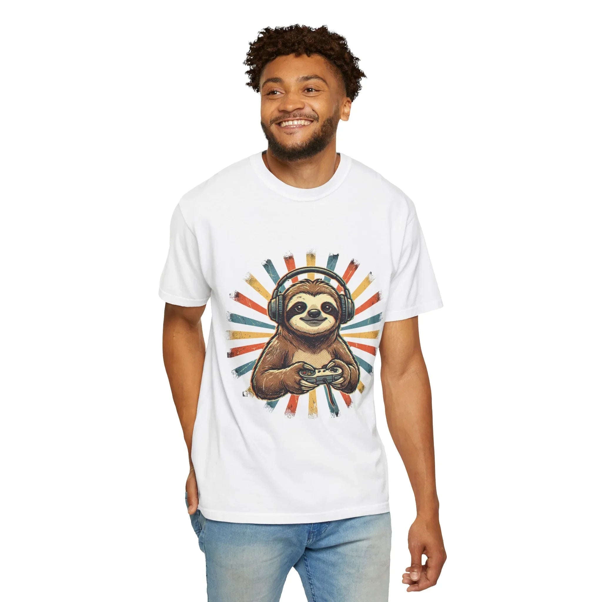 Retro Gaming Sloth Shirt, Sloth Headphones Controller Tee, Cute Gamer T-Shirt, Vintage Style Gaming Graphic, Game Night Gift