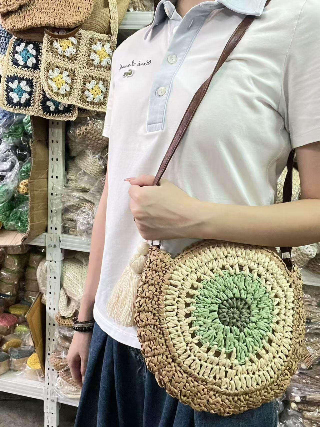 Retro Handwoven Bag with Cute Tassel & Leather Strap | Small Cotton Rope Crossbody with Adjustable Strap