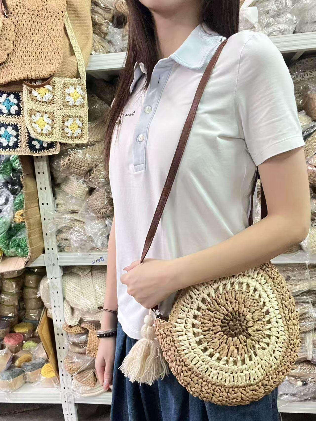 Retro Handwoven Bag with Cute Tassel & Leather Strap | Small Cotton Rope Crossbody with Adjustable Strap