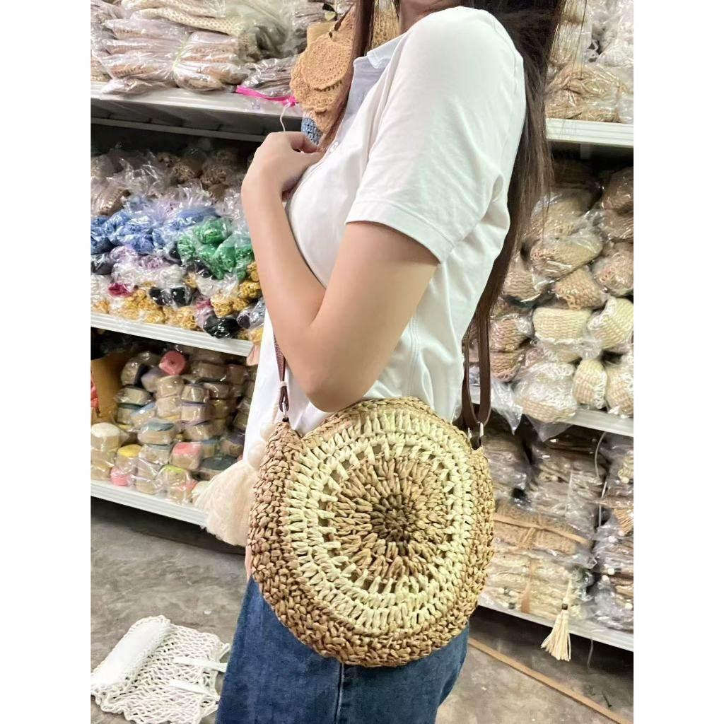 Retro Handwoven Bag with Cute Tassel & Leather Strap | Small Cotton Rope Crossbody with Adjustable Strap