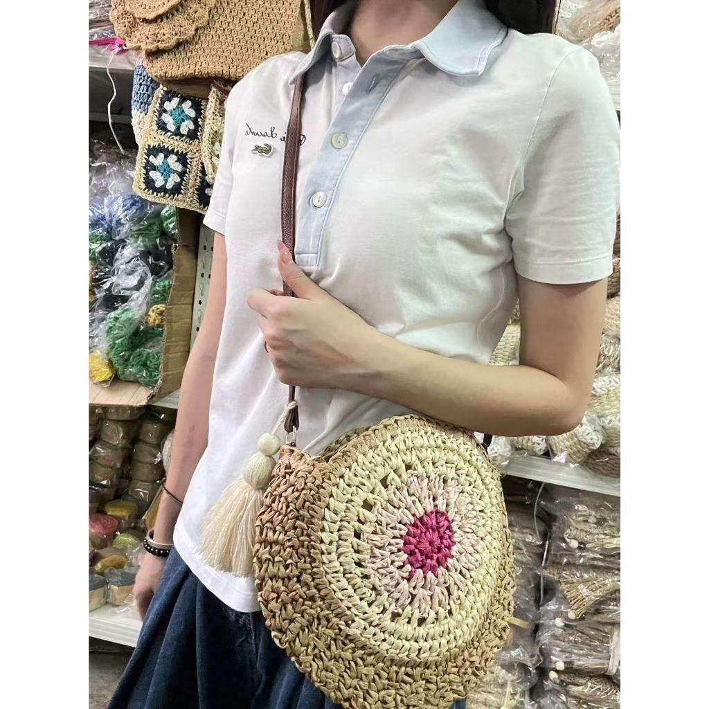 Retro Handwoven Bag with Cute Tassel & Leather Strap | Small Cotton Rope Crossbody with Adjustable Strap