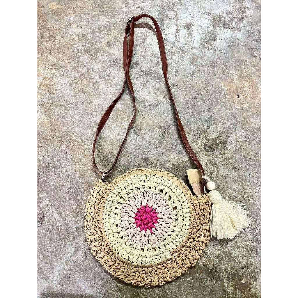 Retro Handwoven Bag with Cute Tassel & Leather Strap | Small Cotton Rope Crossbody with Adjustable Strap pink
