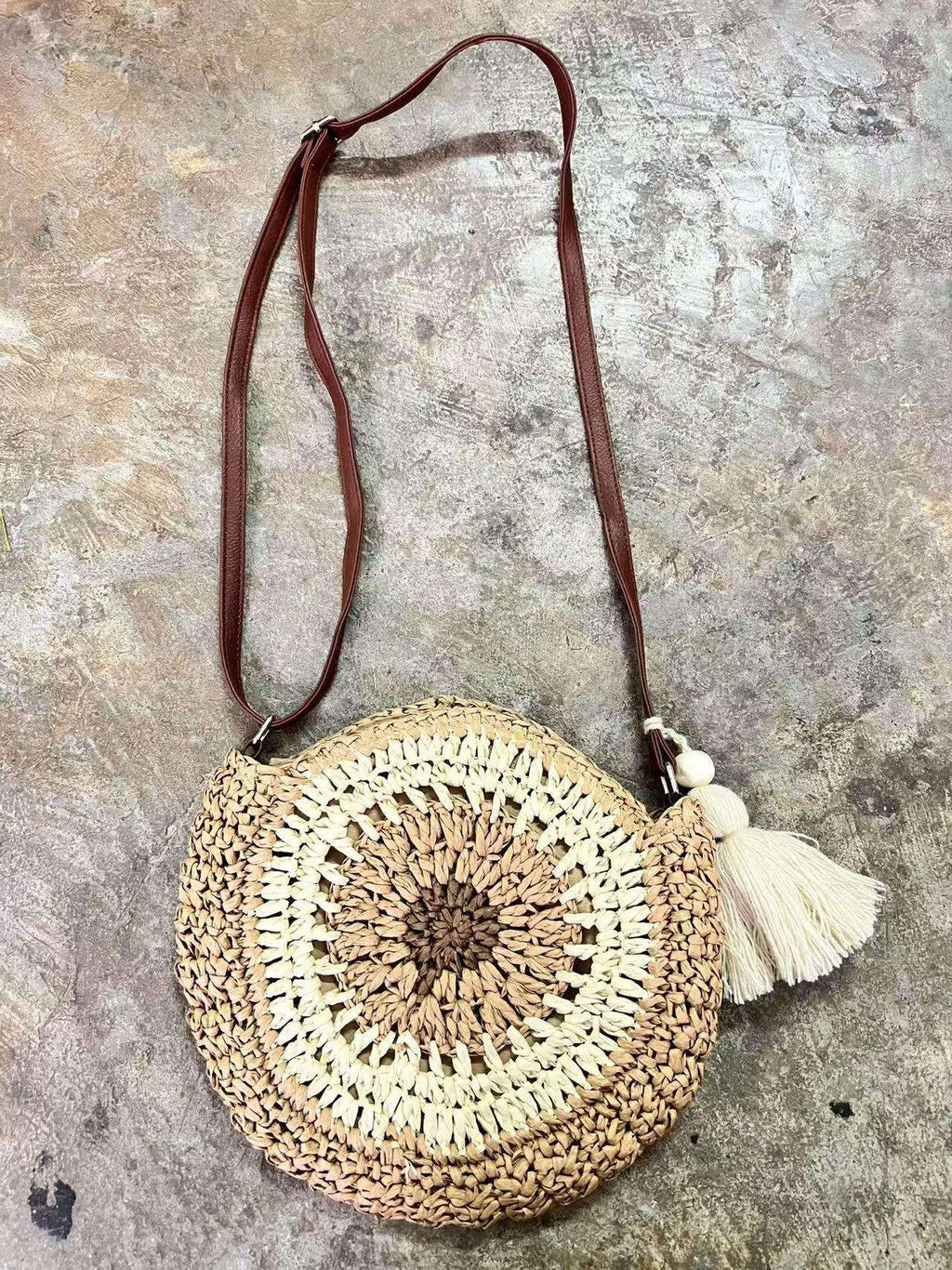 Retro Handwoven Bag with Cute Tassel & Leather Strap | Small Cotton Rope Crossbody with Adjustable Strap