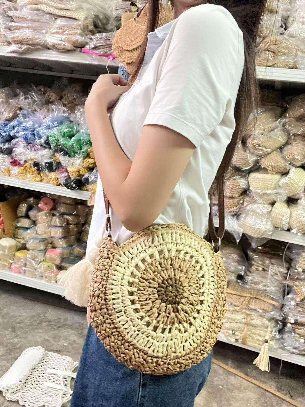 Retro Handwoven Bag with Cute Tassel & Leather Strap | Small Cotton Rope Crossbody with Adjustable Strap