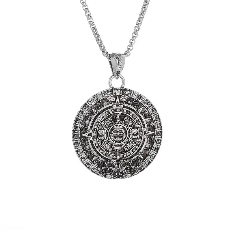 ☀️ Retro Punk Aztec Mayan Solar Calendar Pendant Necklace – Unisex Fashion Jewelry Ancient Sun God Symbol Lucky Protection Amulet Unique Cultural Gift