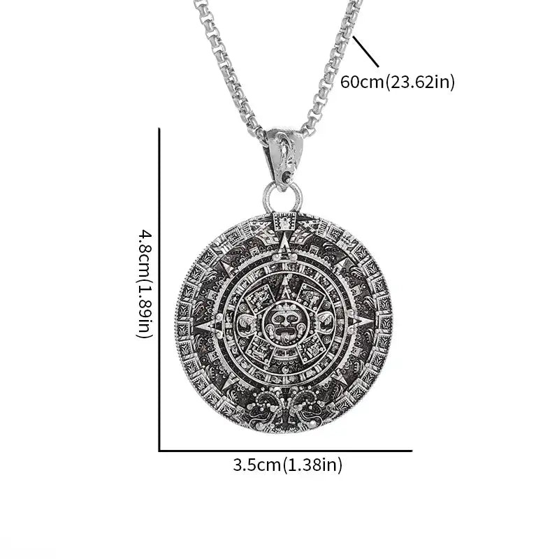 ☀️ Retro Punk Aztec Mayan Solar Calendar Pendant Necklace – Unisex Fashion Jewelry Ancient Sun God Symbol Lucky Protection Amulet Unique Cultural Gift