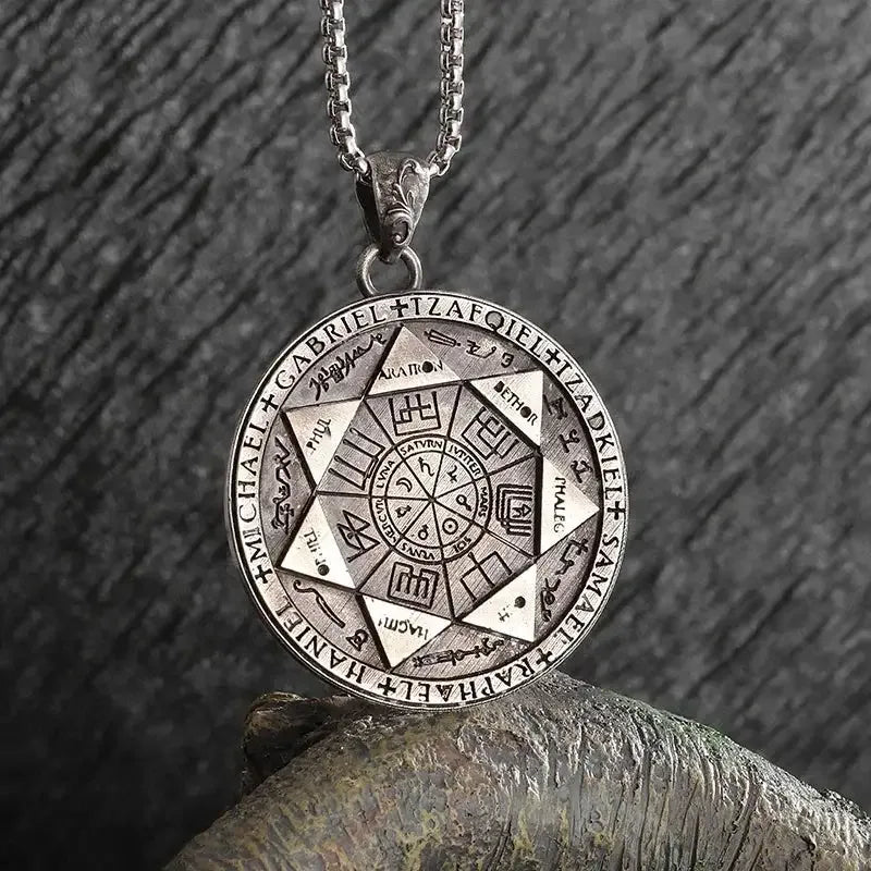 ✨ Retro Seven Angels Magic Circle Solomon's Seal Necklace Pendant – Personalized Lucky Amulet Men’s Punk Spiritual Jewelry AL21184-Silver