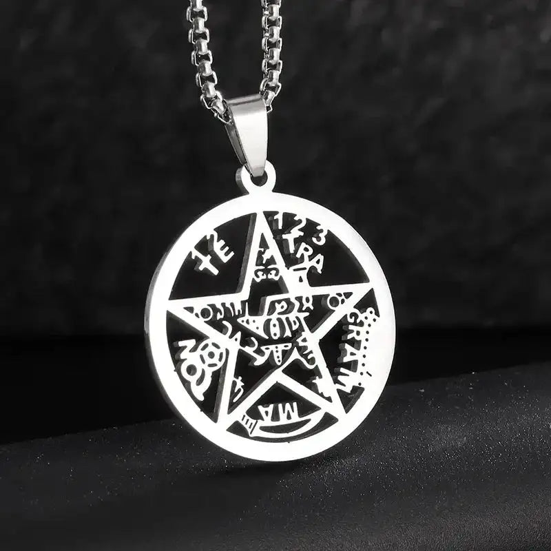 ✨ Retro Seven Angels Magic Circle Solomon's Seal Necklace Pendant – Personalized Lucky Amulet Men’s Punk Spiritual Jewelry AL20956-Silver