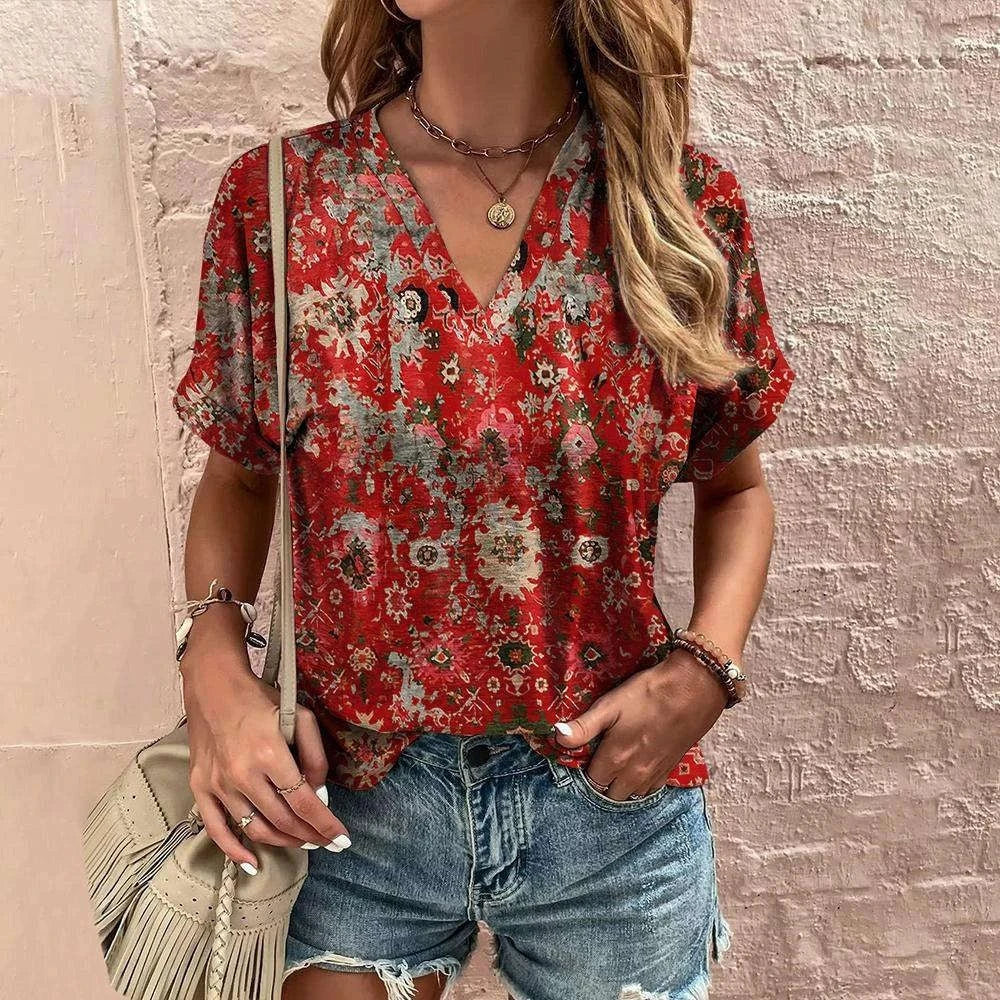 Retro Women’s Floral T-Shirt – Harajuku Style Short Sleeve V-Neck Casual Blouse S56VTX193