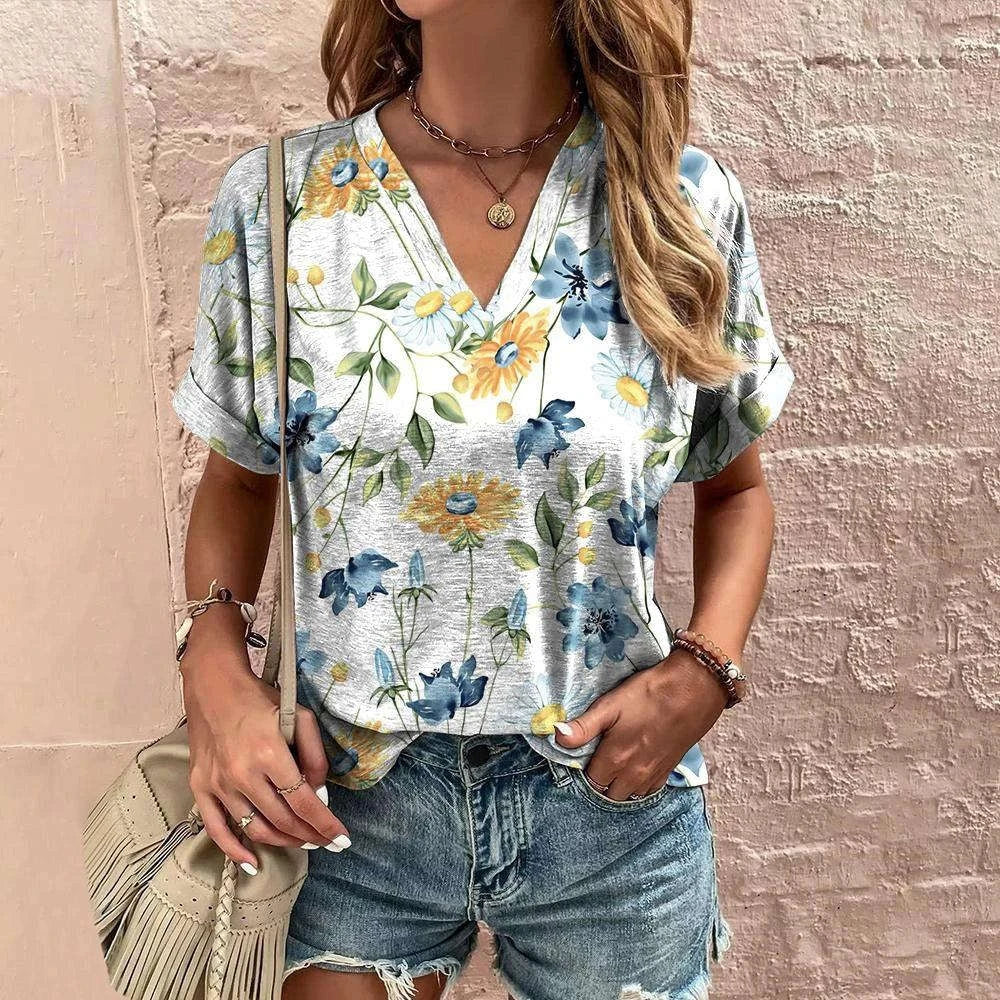 Retro Women’s Floral T-Shirt – Harajuku Style Short Sleeve V-Neck Casual Blouse S56VTX197