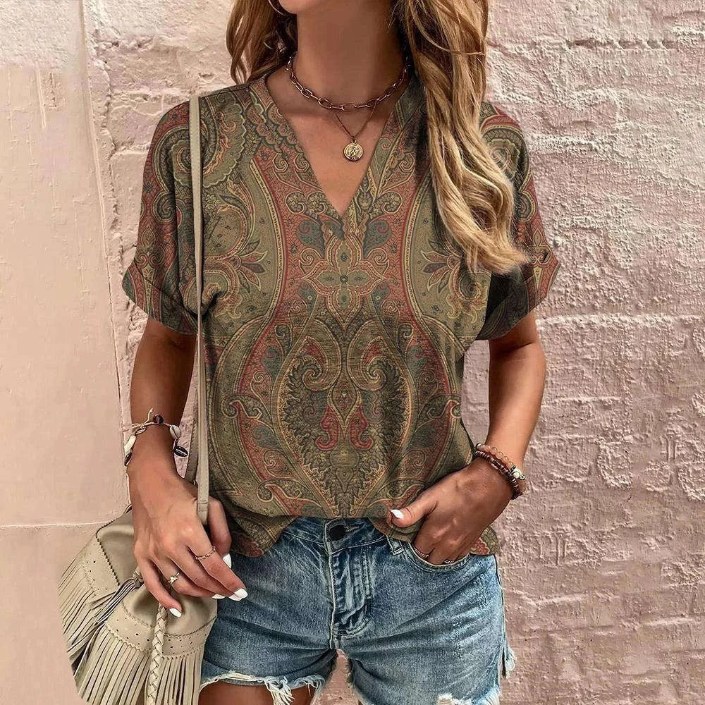 Retro Women’s Floral T-Shirt – Harajuku Style Short Sleeve V-Neck Casual Blouse S56VTX177